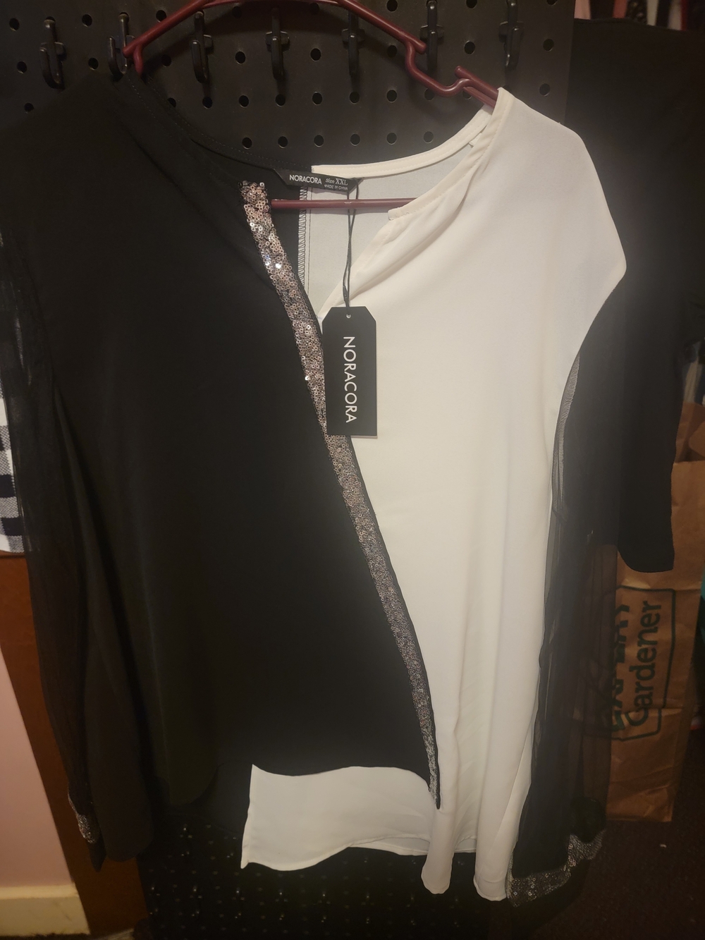 Noracora Black and White Colorblock Sequin-Trim Blouse
